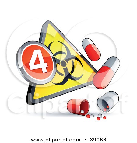 Clipart Illustration of a Yellow Triangular Flu Phase 4 Warning Biohazard Sign With Pill Capsules by beboy