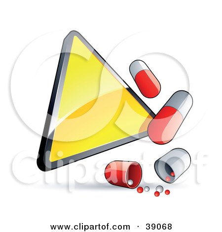 Clipart Illustration of a Blank Shiny Yellow Triangular Warning Sign With Red And White Pill Capsules by beboy