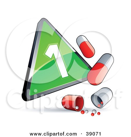 Clipart Illustration of a Green Triangular Phase 1 Influenza Sign With Red And White Pill Capsules by beboy