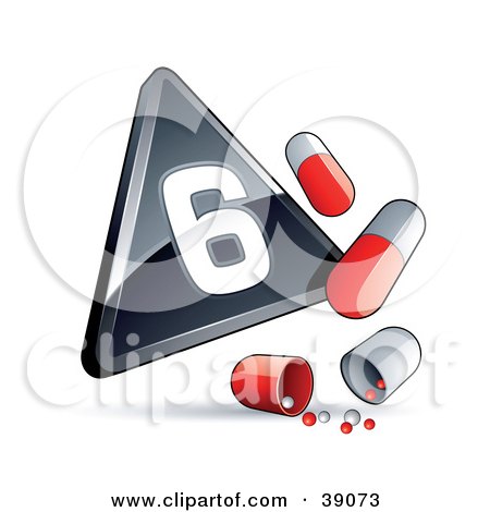 Clipart Illustration of a Black Triangular Pandemic Phase 6 Influenza Sign With Red And White Pill Capsules by beboy