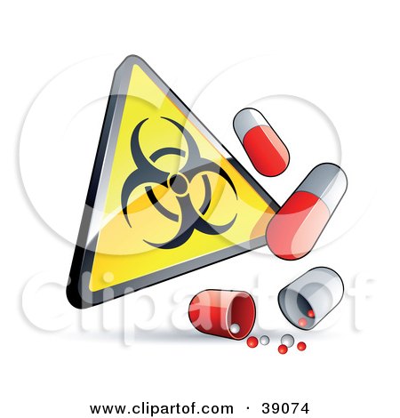 Clipart Illustration of a Yellow Triangular Warning Biohazard Sign With Flu Capsules by beboy