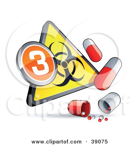 Clipart Illustration of a Yellow Triangular Flu Phase 3 Warning Biohazard Sign With Pill Capsules by beboy