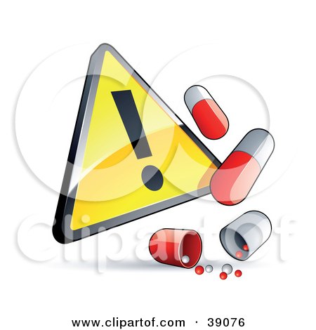 Clipart Illustration of a Shiny Yellow Triangular Exclamation Point Warning Sign With Red And White Pill Capsules by beboy