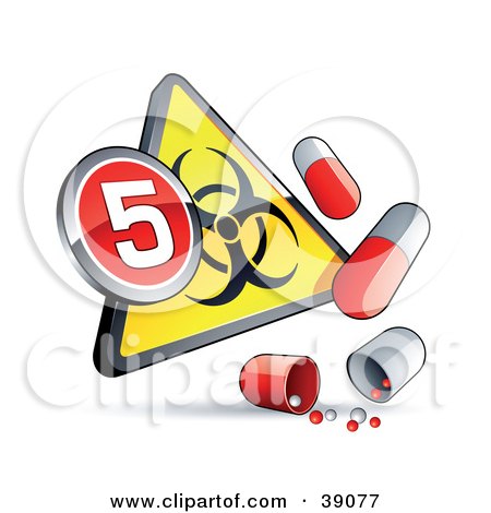 Clipart Illustration of a Yellow Triangular Flu Phase 5 Warning Biohazard Sign With Pill Capsules by beboy