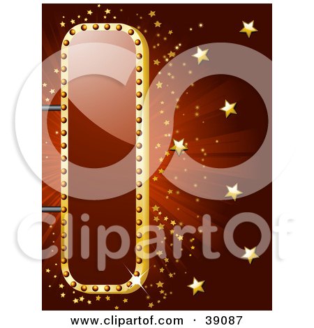 Clipart Illustration of a Shiny Red And Gold Theater Sign With Golden Stars And A Bursting Red Background by elaineitalia