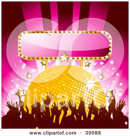Clipart Illustration of a Dancing Crowd In Front Of A Yellow Disco Ball With Gold And White Stars And A Blank Pink Sign by elaineitalia