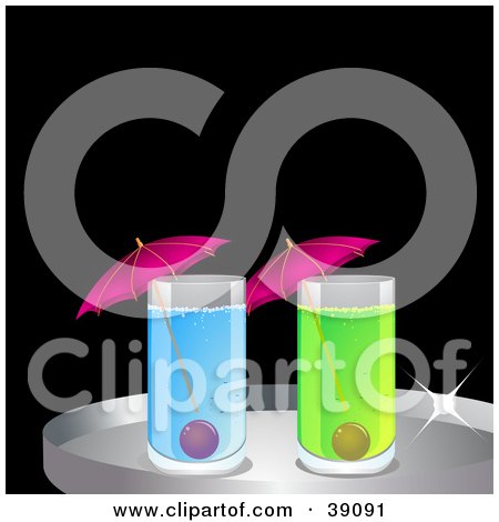 Clipart Illustration of Two Green And Blue Cocktails With Pink Umbrellas by elaineitalia