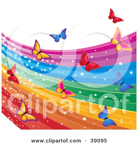 Clipart Illustration of a Magical Sparkling Rainbow And Colorful Butterflies by elaineitalia