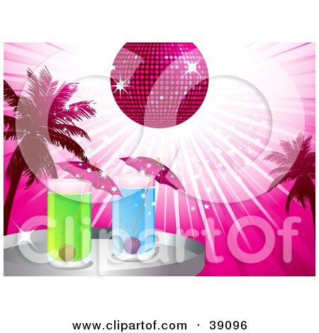 Clipart Illustration of a Pink Disco Sun Shining On Palm Trees And Cocktails by elaineitalia