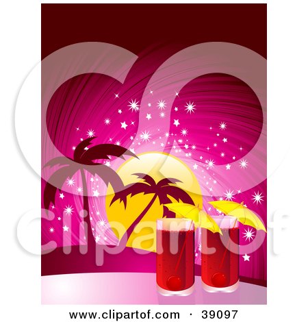 Clipart Illustration of Two Red Cocktails With Umbrellas Against A Tropical Sunset With A Pink Sparkling Sky by elaineitalia