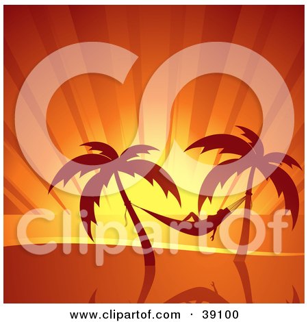 Clipart Illustration of a Woman Relaxing In A Hammock Suspended Between Palm Trees, Silhouetted At Sunset by elaineitalia