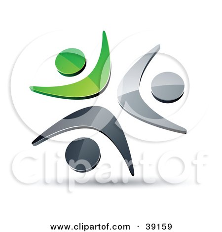 Clipart Illustration of a Pre-Made Logo Of Three Green, Chrome And Black People Celebrating Or Dancing by beboy