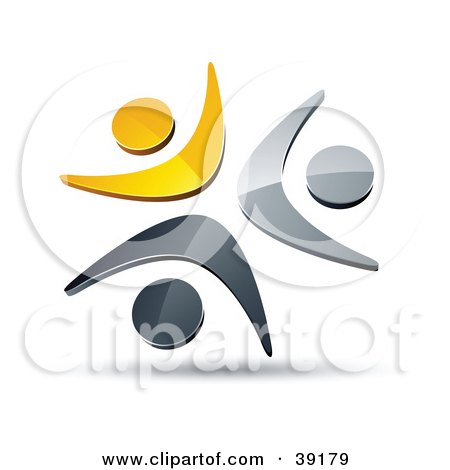 Clipart Illustration of a Pre-Made Logo Of Three Yellow, Chrome And Black People Celebrating Or Dancing by beboy