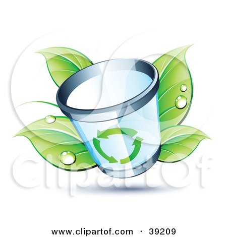 Clipart Illustration of a Trash Can In Front Of Dewy Green Leaves by beboy
