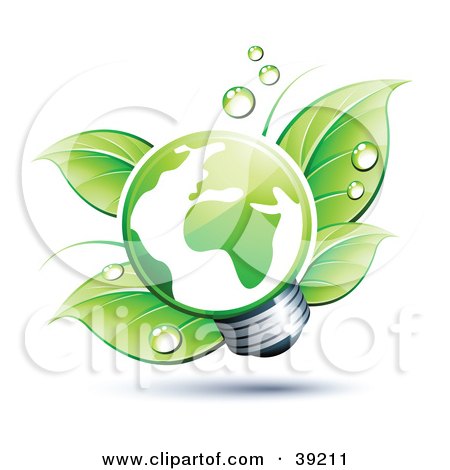 Clipart Illustration of a Light Bulb In Front Of Dewy Green Leaves by beboy