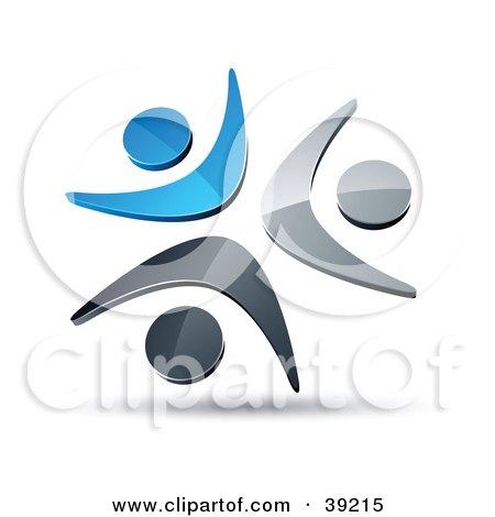 Clipart Illustration of a Pre-Made Logo Of Three Blue, Chrome And Black People Celebrating Or Dancing by beboy