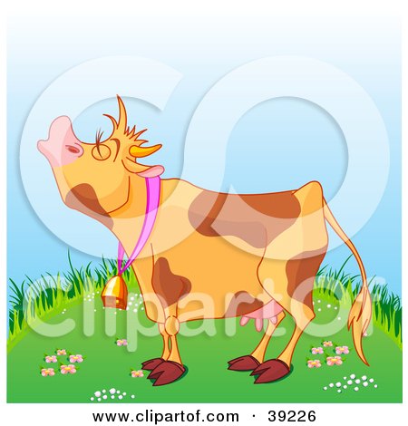 Clipart Illustration of a Brown Spotted Farm Cow Mooing On A Green Grassy Hill by Pushkin