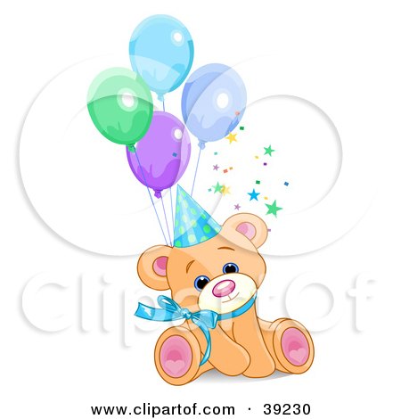 Clipart Illustration of a Cute Male Birthday Bear Wearing A Party Hat And Sitting With Balloons by Pushkin