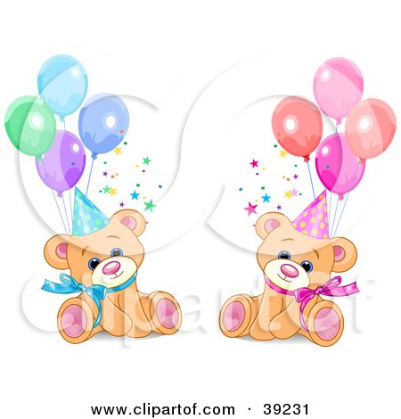 Clipart Illustration of Male And Female Twin Birthday Bears Wearing Party Hats And Sitting With Balloons by Pushkin