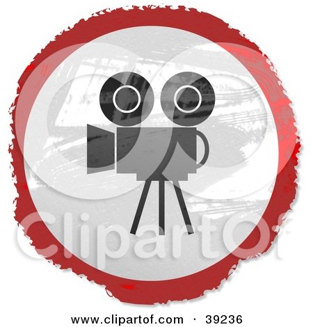Clipart Illustration of a Grungy Red, White And Black Circular Filming Camera Sign by Prawny