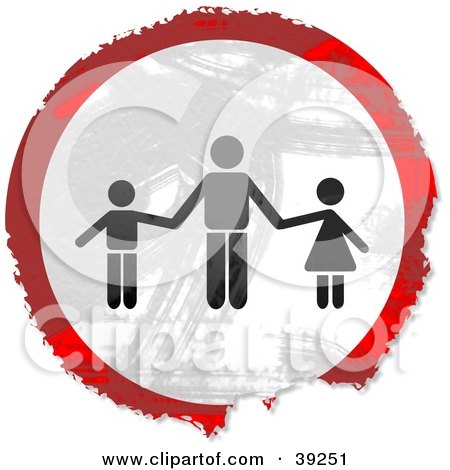 Clipart Illustration of a Grungy Red, White And Black Circular Father And Children Sign by Prawny