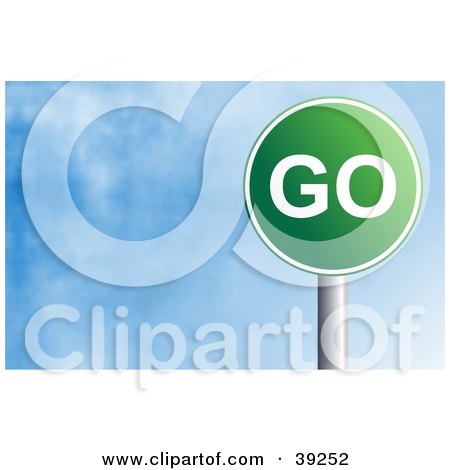 Clipart Illustration of a Green Circular Go Sign Against A Blue Sky With Clouds by Prawny