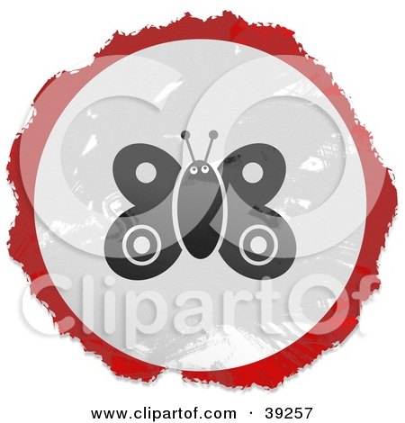 Clipart Illustration of a Grungy Red, White And Black Circular Butterfly Sign by Prawny