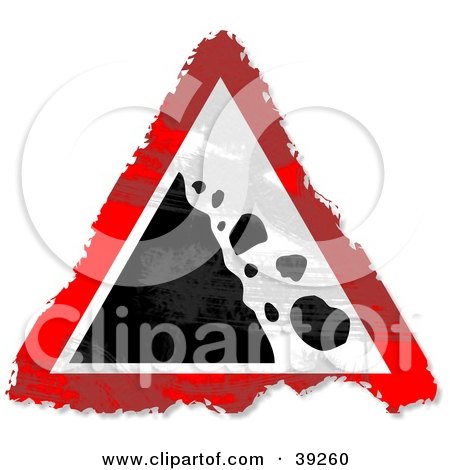 Clipart Illustration of a Grungy Red, White And Black Triangular Falling Rocks Sign by Prawny