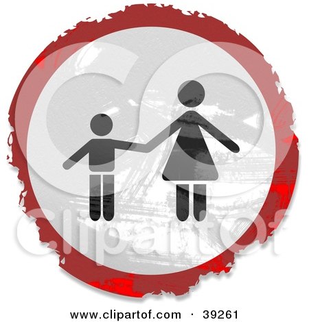 Clipart Illustration of a Grungy Red, White And Black Circular Mother And Child Sign by Prawny