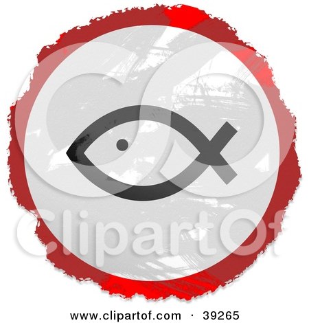 Clipart Illustration of a Grungy Red, White And Black Circular Christian Fish Sign by Prawny
