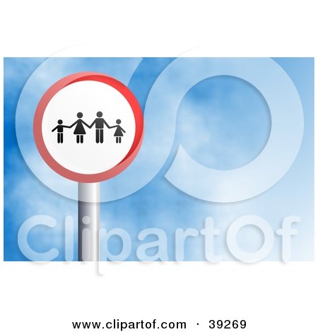 Clipart Illustration of a Red And White Circular Family Sign Against A Blue Sky With Clouds by Prawny