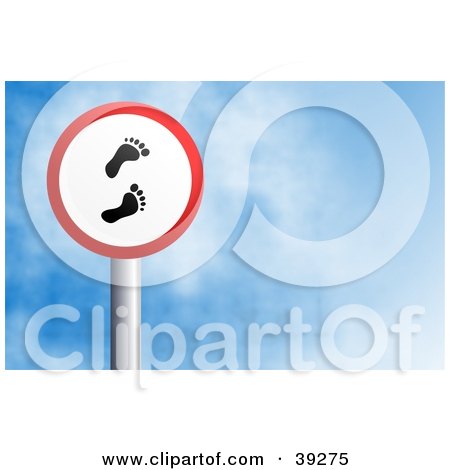 Clipart Illustration of a Red And White Circular Foot Tracks Sign Against A Blue Sky With Clouds by Prawny