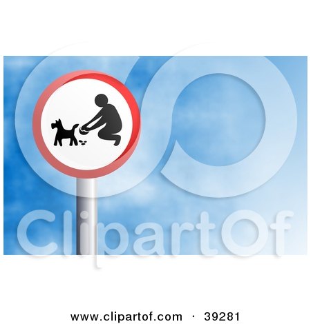 Clipart Illustration of a Red And White Circular Person Picking Up Dog Poop Sign Against A Blue Sky With Clouds by Prawny