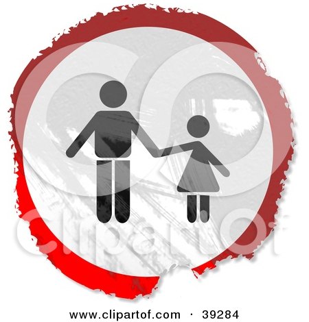Clipart Illustration of a Grungy Red, White And Black Circular Father And Child Sign by Prawny