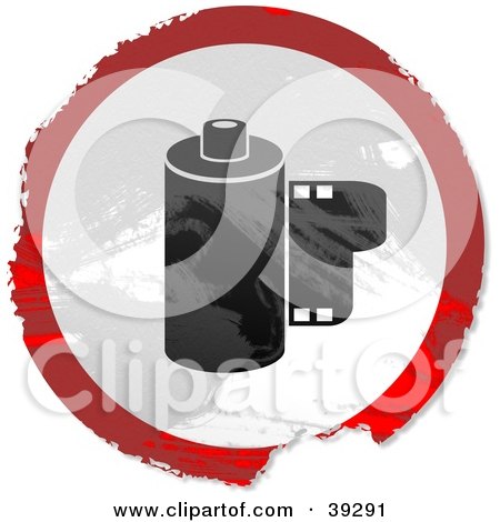 Clipart Illustration of a Grungy Red, White And Black Circular Film Canister Sign by Prawny