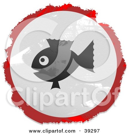 Clipart Illustration of a Grungy Red, White And Black Circular Fishy Sign by Prawny