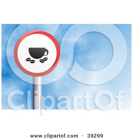 Clipart Illustration of a Red And White Circular Coffee Sign Against A Blue Sky With Clouds by Prawny