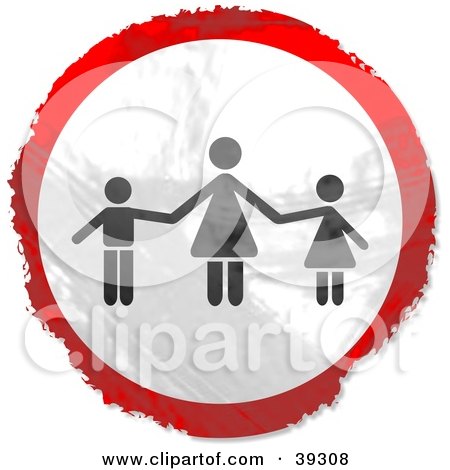 Clipart Illustration of a Grungy Red, White And Black Circular Mother And Children Sign by Prawny