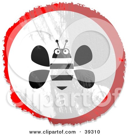 Clipart Illustration of a Grungy Red, White And Black Circular Honey Bee Sign by Prawny