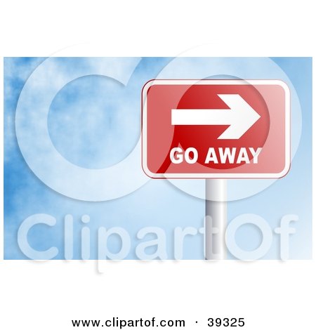 Clipart Illustration of a Red Go Away Rectangular Sign Against A Blue Sky With Clouds by Prawny