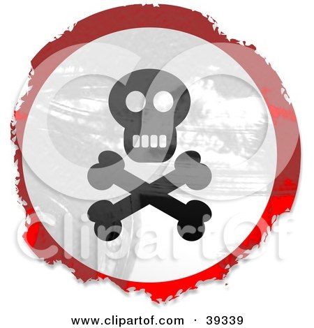 Clipart Illustration of a Grungy Red, White And Black Circular Jolly RogerSign by Prawny