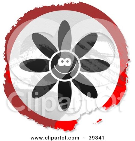 Clipart Illustration of a Grungy Red, White And Black Circular Happy Flower Sign by Prawny