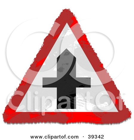 Clipart Illustration of a Grungy Red, White And Black Cross Triangular Sign by Prawny