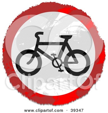Clipart Illustration of a Grungy Red, White And Black Circular Bicycle Sign by Prawny