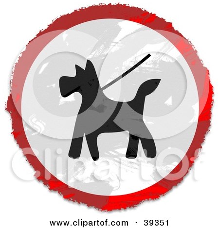 Clipart Illustration of a Grungy Red, White And Black Circular Dog Walking Sign by Prawny