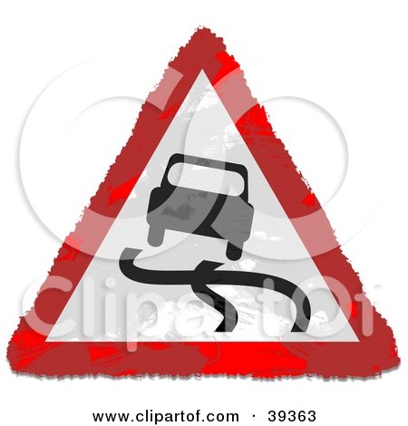 Clipart Illustration of a Grungy Red, White And Black Triangular Curvy Road Sign by Prawny