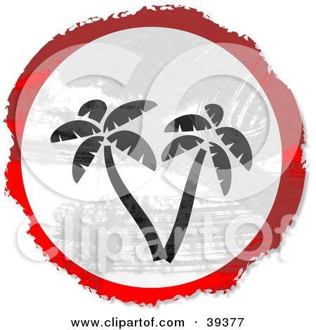 Clipart Illustration of a Grungy Red, White And Black Circular Palm Tree Sign by Prawny