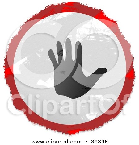 Clipart Illustration of a Grungy Red, White And Black Circular Waving Hand Sign by Prawny