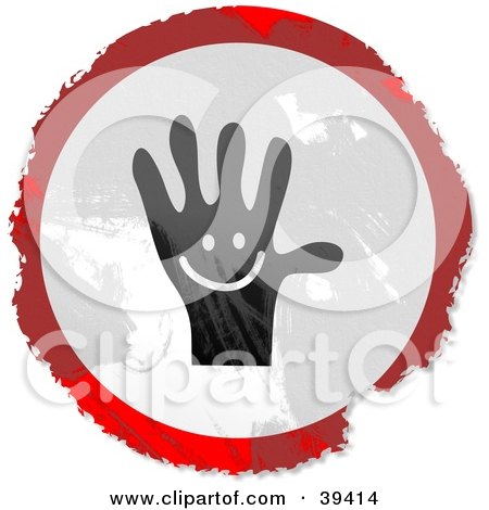 Clipart Illustration of a Grungy Red, White And Black Circular Happy Hand Sign by Prawny