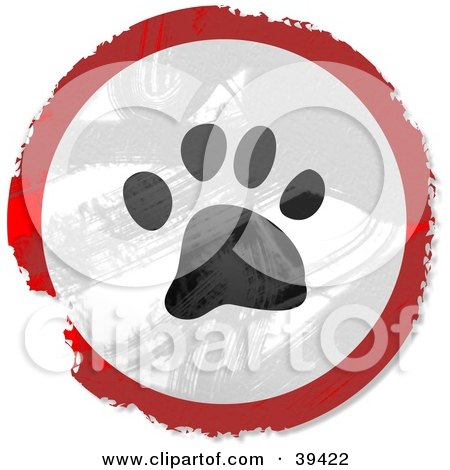 Clipart Illustration of a Grungy Red, White And Black Circular Paw Print Sign by Prawny